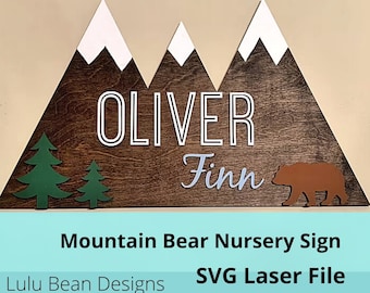 Mountain Trees Bear Baby Nursery Name Sign Digital Cut File Laser Wood svg pdf jpg dxf cutting template door hanger