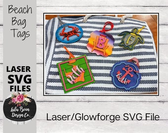 Etichette per borse a tema spiaggia Monogramma Kit monogrammato Legno Glowforge File SVG Taglio digitale Taglio laser