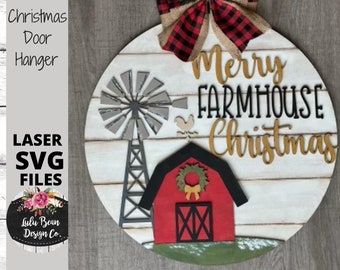 Merry Farmhouse Christmas Round Door Hanger SVG laser Glowforge file Digital Cut  Wood Cutting template