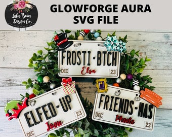 Funny Christmas Ornament Glowforge Aura SVG File License Plate Elf Frosty Sofa Friend Girlfriend Personalized laser Digital