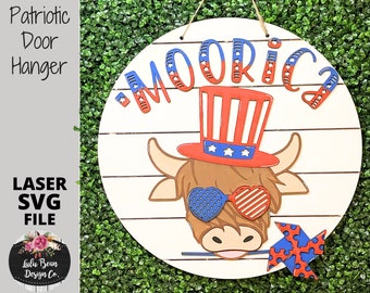 Patriotic July 4th Highland Cow Moorica Round Sign Digital Cut File Laser Wood SVG cutting template door hanger