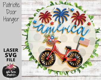 Patriotic July 4th Fireworks Bicycle Round Sign Digital Cut File Laser Wood SVG cutting template door hanger