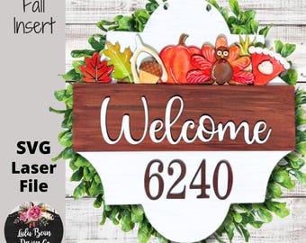 Fall Thanksgiving Interchangeable Seasonal Door Hanger Insert Welcome Address Numbers Laser Glowforge Cut File SVG Wood Template