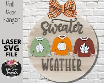 Sweater Weather Fall Autumn Round Door Hanger SVG laser file Digital Cut File Wood Cutting template