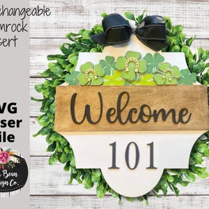 St Patricks Day Shamrock Interchangeable Seasonal Door Hanger Insert Welcome Address Numbers Laser Glowforge Cut File SVG Wood Template