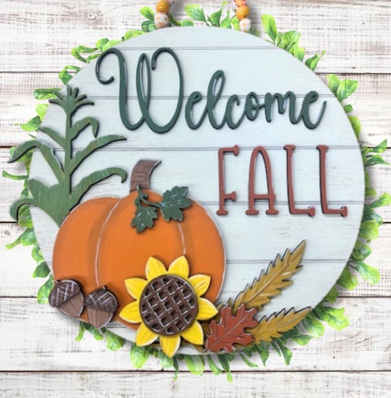 どんぐりアート♡ ひまわりwelcomeタペストリーライト付き＆オブジェ♡ Welcome Fall Pumpkin Foliage Sunflower Acorn Round Door Hanger SVG