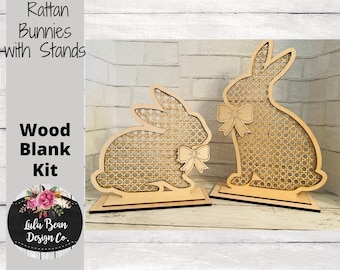 Rattan Bunny Set Stand Up Cutout Shapes Unfinished Wood Laser Cut, DIY, Blank