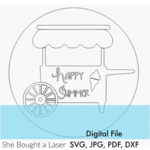 Ice Cream Cart Truck Zomer Digitaal Gesneden Bestand Laser Hout Snijden svg pdf jpg dxf deurhanger sjabloon