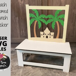 Summer Palm tree Sandcastle Beach Interchangeable Bench Backer SVG Laser Glowforge Digital Cut File Wood Cutting Shelf Sitter Sets