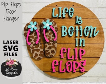 Flip Flop Summer Patriotic Leopard Door Hanger Split Option Sign SVG File Digital Laser Wood Glowforge template