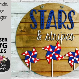 Patriotic Stars and Stripes Pinwheel Round Wood Sign Door Hanger Template Glowforge File Digital Cut File Laser Cutting SVG