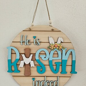 He is Risen Indeed Easter Cross Door Hanger SVG Spring bunny ears flowers Sign Digital Cut File Laser Wood Round cutting template image 2