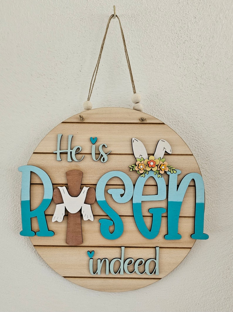 He is Risen Indeed Easter Cross Door Hanger SVG Spring bunny ears flowers Sign Digital Cut File Laser Wood Round cutting template image 2