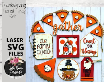 Thanksgiving Fall Pumpkin Pie Tiered Tray Kit Sign Shiplap Wood Tag Tags Digital Cut File Laser Cutting SVG file