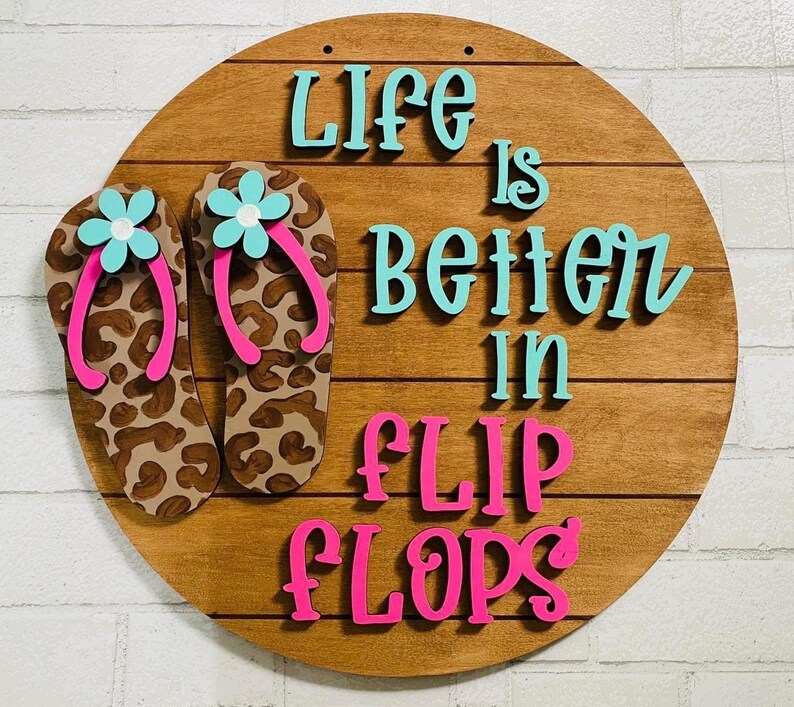 Life is Better in Flip Flops Summer Beach Leopard Round Door Hanger ...