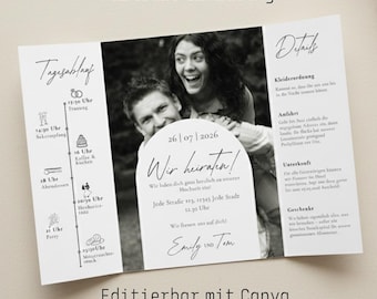 Foldable wedding invitation in German with black and white image template | A4 gatefold card | Editable wedding invitation