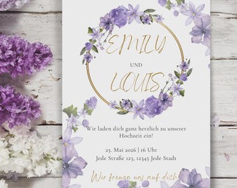 Lilac Flower Wedding Invitation – Editable Canva Template | Digital Wedding Stationery for Printing
