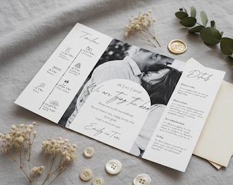 Gatefold wedding invitation template | ivory and black | foldable and printable | A4 trifold invitation | editable in Canva, digital download
