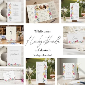 Puede incluir: Un conjunto de papelería de boda con diseños florales. El conjunto incluye invitaciones, tarjetas de mesa y menús. Se muestra el texto "Wildflowers Wedding Bundle en alemán". Los diseños presentan flores coloridas en rosa, amarillo y azul.