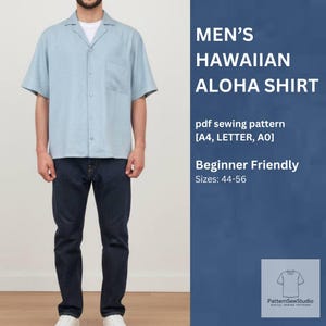 Men's Hawaiian Aloha Shirt Sewing Pattern, Loose Fit (PDF A4/A0/Letter), + Detailed instruction