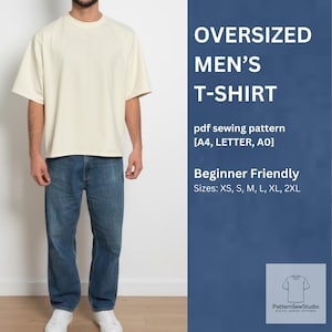 Cartamodello per maglietta da uomo oversize, vestibilità ampia, PDF digitale, A4/Lettera/A0, XS–2XL,