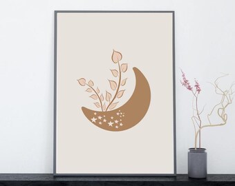 Celestial Moon Phase Botanical Print, Boho Terracotta Wall Art (Digital Download)