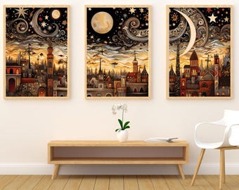 Mond Kunst Drucke 3er Set, Himmlische Stadtansicht (Digitaler Download)