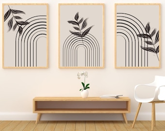 Boho Botanical Wall Art Set – Abstract Geometric Arches and Sage Green Leaf Prints