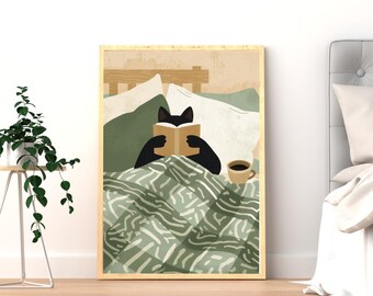 Cat Reading Print – Black Cat Wall Art, Cosy Bedroom Poster, Book Lover Cat Illustration