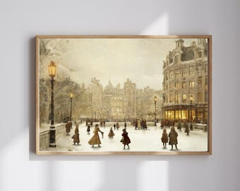 Framed Winter Village Wall Art, Snowy Christmas Town Canvas Print, Holiday Landscape Bedroom Decor