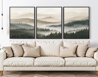 Forest mountains digital print, Misty foggy mountains photography, Green forest landscape print