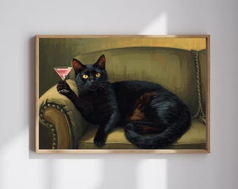 Cat Holding Martini – Black Cat Wall Art, Cosy Bedroom Poster, Cat Illustration