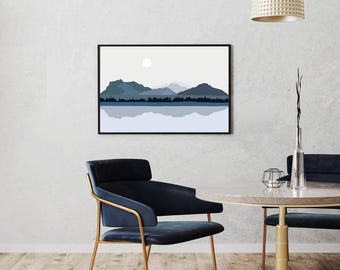 Blue Mountain Moon Landscape Print: Abstract Minimalist Wall Decor (Digital Download)