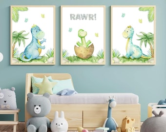 Nursery Dinosaur Art Print Set of 3, Boho Dinosaur Wall Hangings Picture Posters