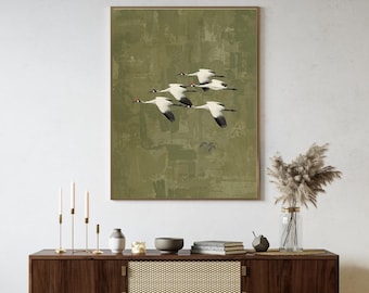 Flying Cranes Japandi Style Print Green White Bird Image PRINTABLE Digital Download