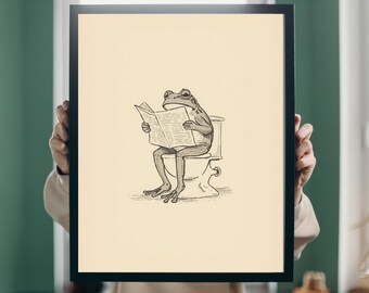 Frog Reading Newspaper Wall Art, Funny Bathroom Wall Art