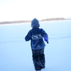 May include: A child wearing a blue sweater with a duck design, a gray knit cap, and blue gloves walks across a snowy landscape. The child is facing away from the camera, with a blurred background of a snow-covered field.