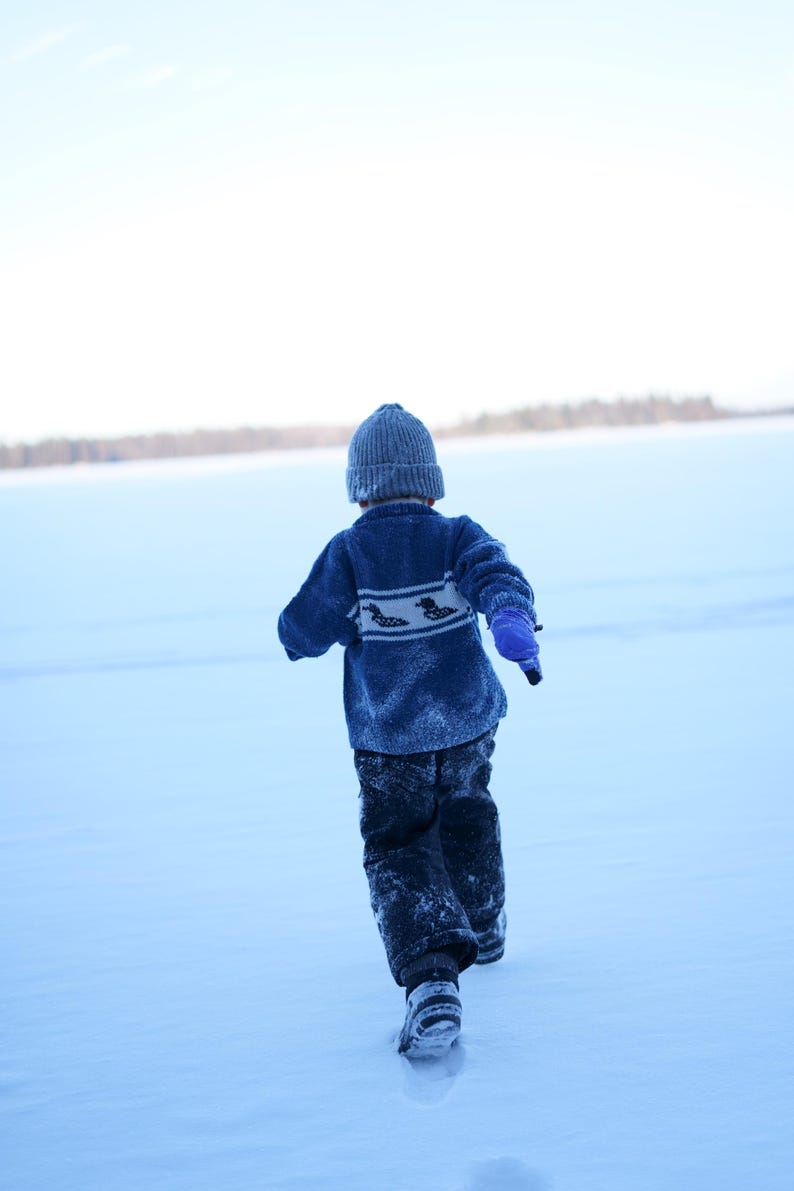May include: A child wearing a blue sweater with a duck design, a gray knit cap, and blue gloves walks across a snowy landscape. The child is facing away from the camera, with a blurred background of a snow-covered field.