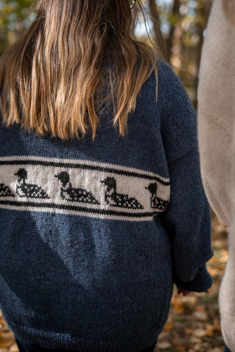 May include: A blue knit sweater with a white band featuring a black and white loon pattern. The sweater has long sleeves and a relaxed fit. The image shows the back of the sweater.