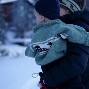 May include: A child wearing a navy blue knit cap and a light green sweater with a black and white design is held by a person wearing a black jacket. The background is a snowy, outdoor scene.