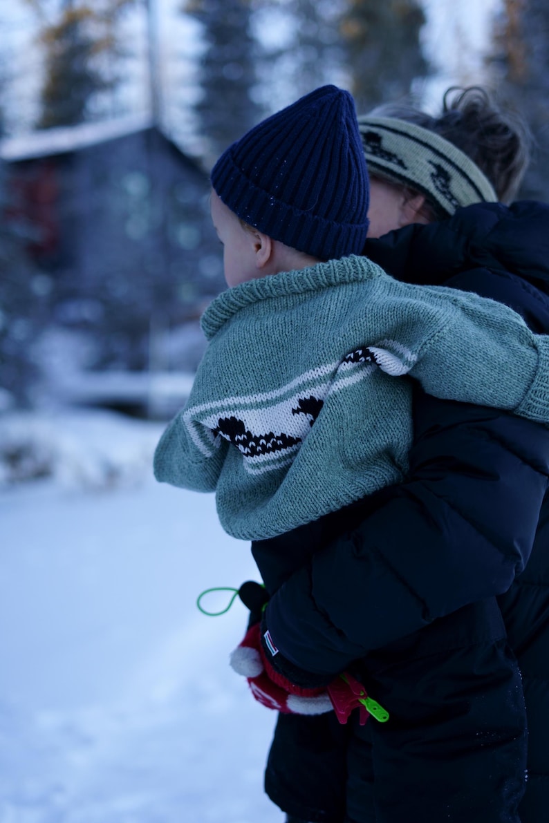 May include: A child wearing a navy blue knit cap and a light green sweater with a black and white design is held by a person wearing a black jacket. The background is a snowy, outdoor scene.