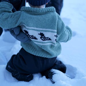 May include: A child wearing a teal knitted sweater with a white band featuring black bird-like designs. The child is wearing a navy blue beanie and black pants, playing in the snow. The sweater has a ribbed collar.