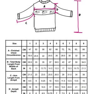 May include: Diagram of a sweater with measurements in inches and centimeters. The diagram shows the finished chest circumference, total body length from the middle of the back, arm length from the armpit, and armpit depth.
