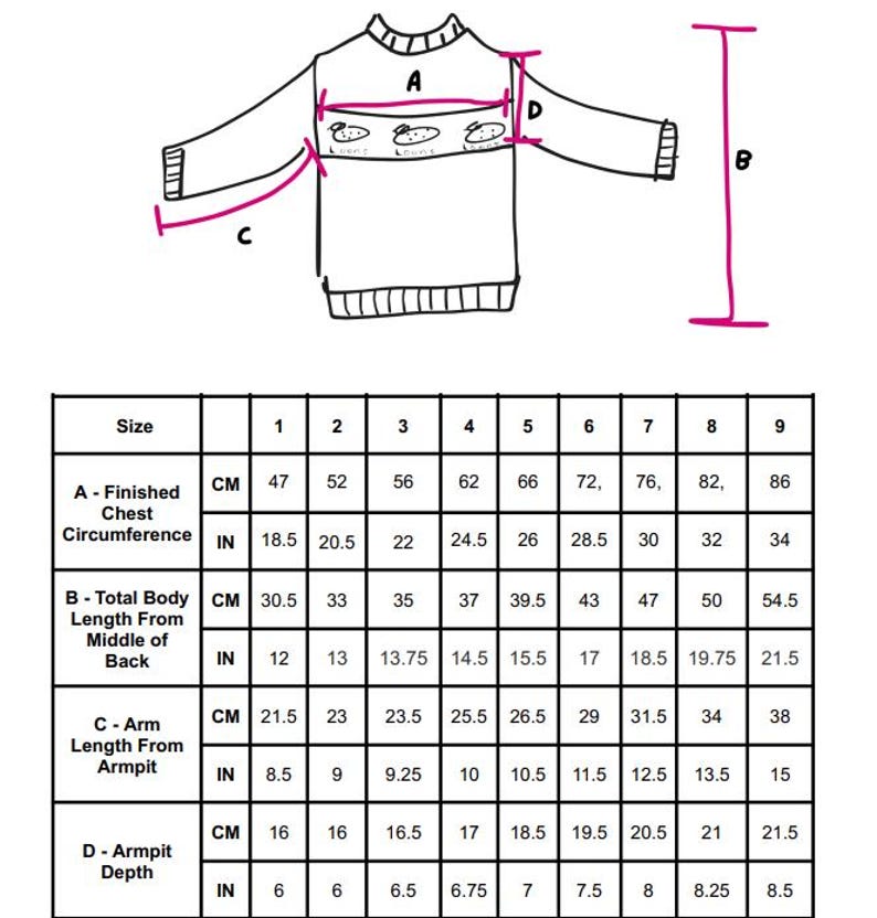 May include: Diagram of a sweater with measurements in inches and centimeters. The diagram shows the finished chest circumference, total body length from the middle of the back, arm length from the armpit, and armpit depth.