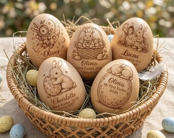Personalized Wooden Easter Egg Shaker, Custom Engraved Bunny Keepsake, Baby First Easter 2026 Gift, Natural Wood Rattle Toy