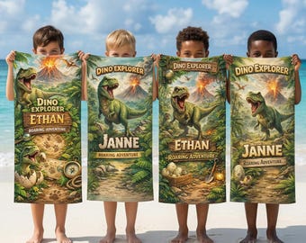 Personalized Dinosaur Beach Towel Custom Name, Kids Dino Explorer Towel, Boys Beach Towel Gift, Roaring Adventure Towel, Summer Pool Towel