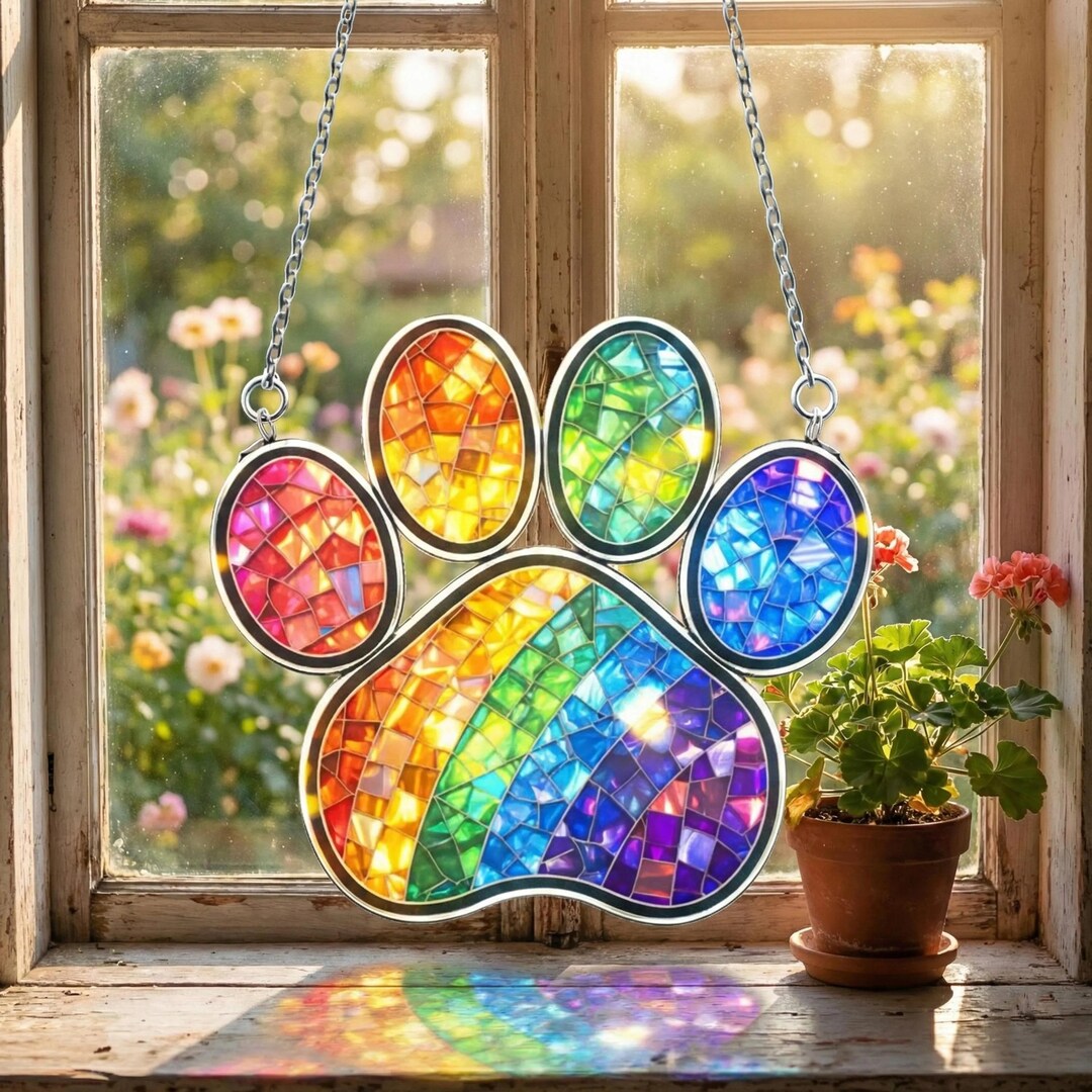 Rainbow Paw Print Suncatcher Acrylic, Hologram Stained Glass Paw Art ...
