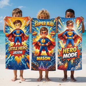 May include: Three personalized superhero-themed beach towels. Each towel features a cartoon superhero in a blue suit and red cape, with text that reads "Little Hero Jason", "Super Kid Mason", and "Hero Mode Liam". The background is a vibrant mix of blue, yellow, and orange.