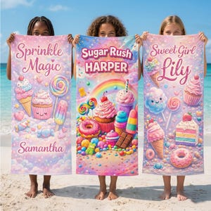 Personalized Candy Beach Towel Custom Name, Kids Sweet Girl Towel, Sprinkle Magic Towel, Cute Dessert Beach Towel,Summer Pool Towel Birthday