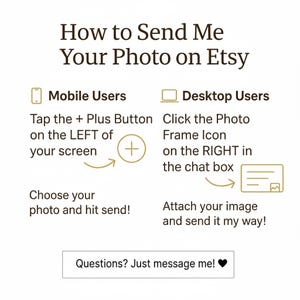May include: Image with instructions on how to send a photo on Etsy. Text includes steps for mobile and desktop users, with icons for a plus button and a photo frame. The text also says, "Questions? Just message me!"